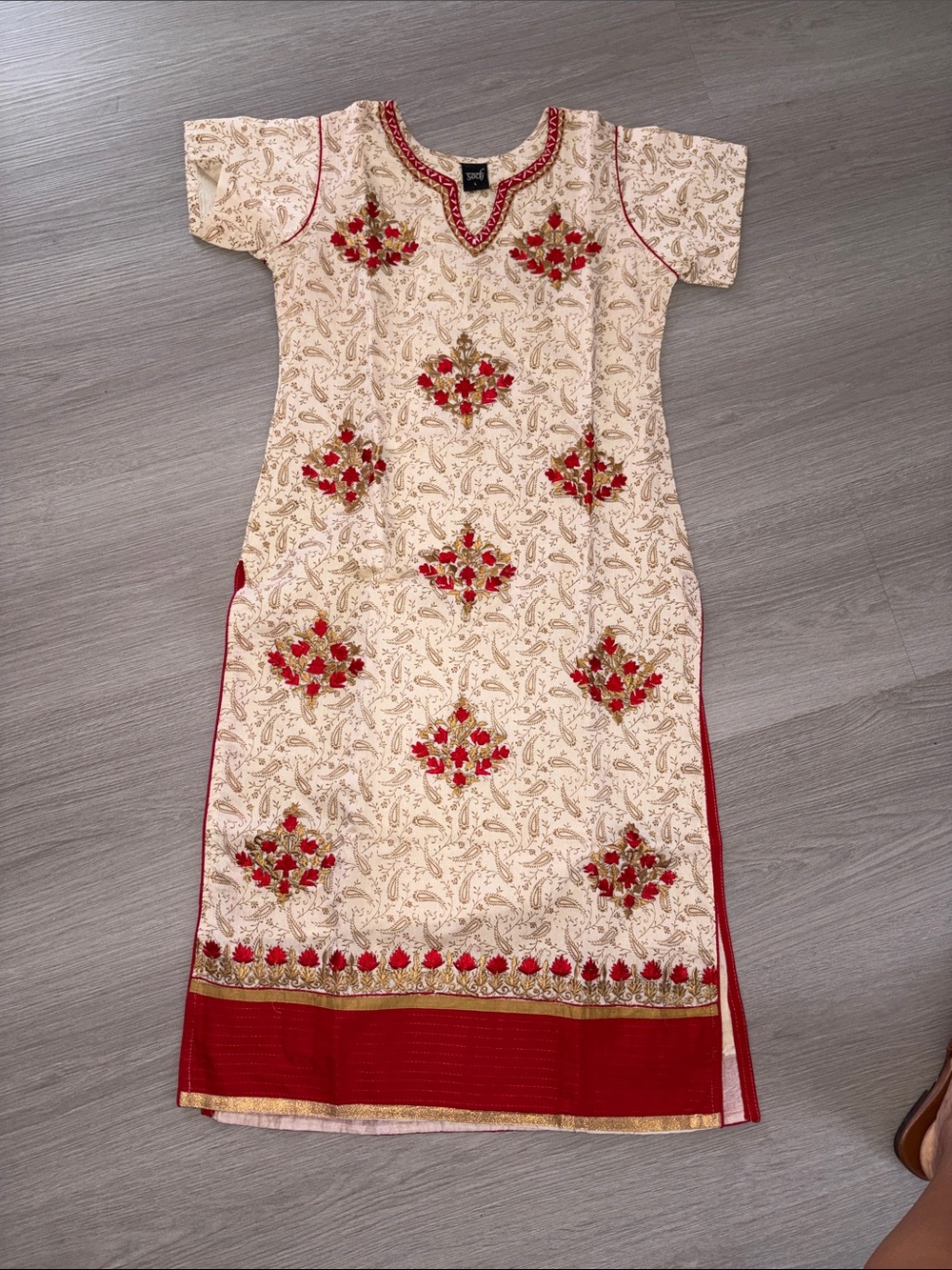 Embroidered Cream Dress with Red Accents - Women's Long Sleeve